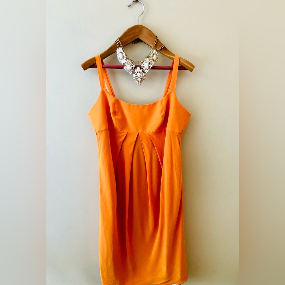 Orange 100% Silk Dress with Pleated Front